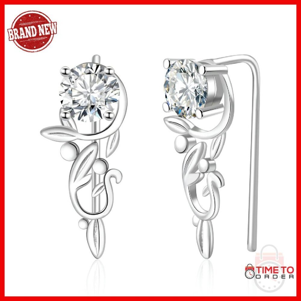 925 Sterling Silver Moissanite Ear Climbers, 1.6CT Crawler Vine Earrings